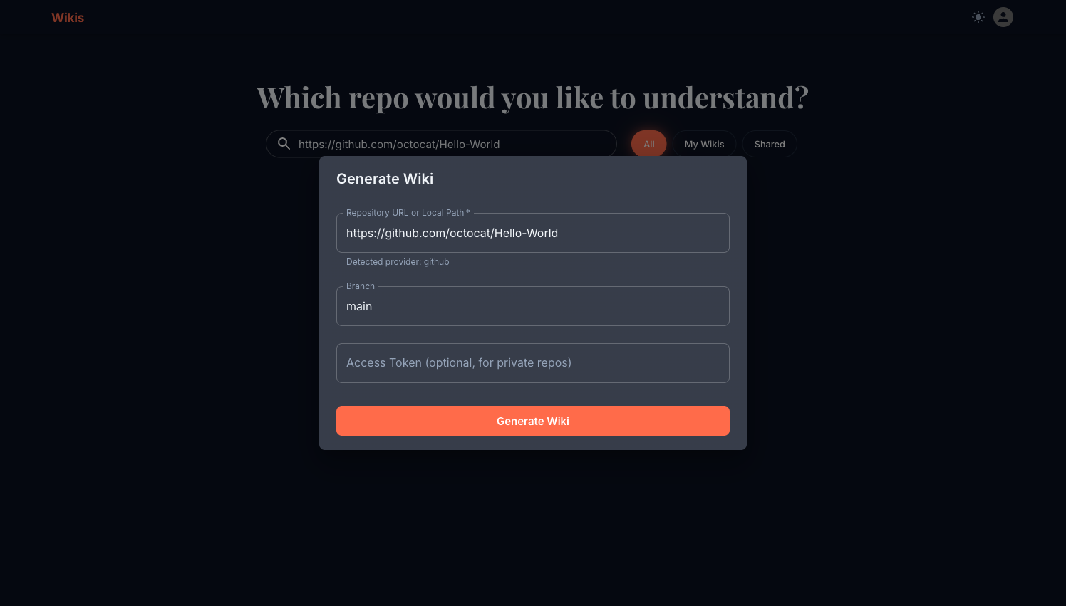 Generate Wiki dialog with a repo URL filled in