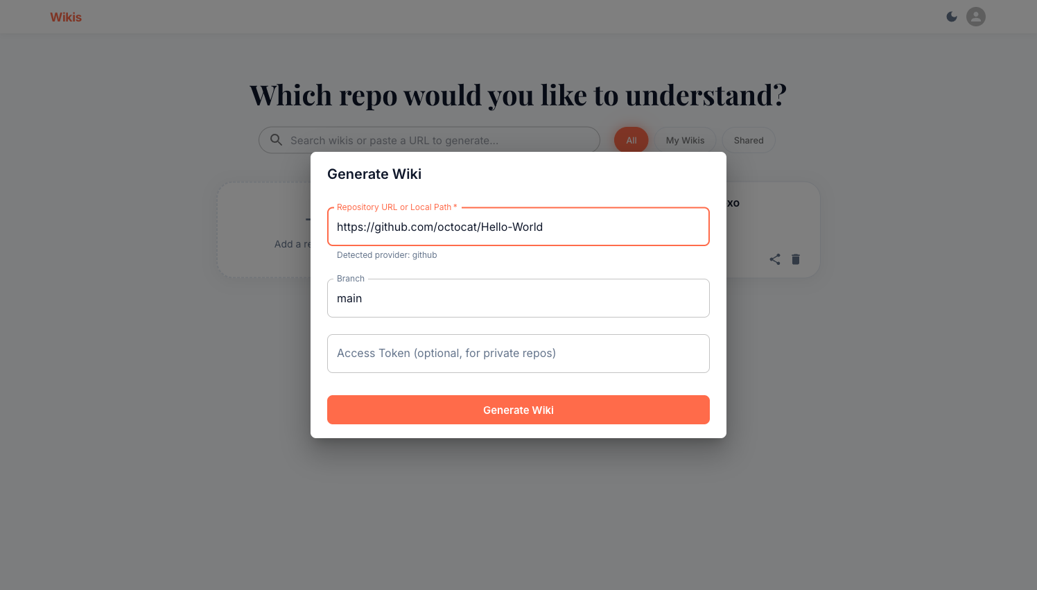 Generate Wiki dialog with a repo URL filled in