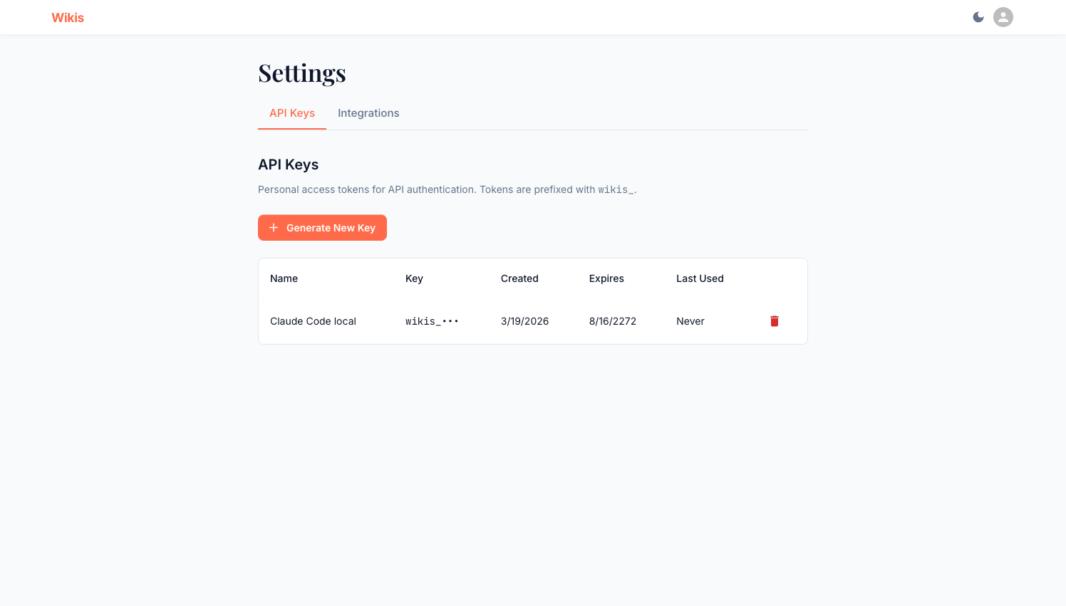 Settings page showing the API Keys tab