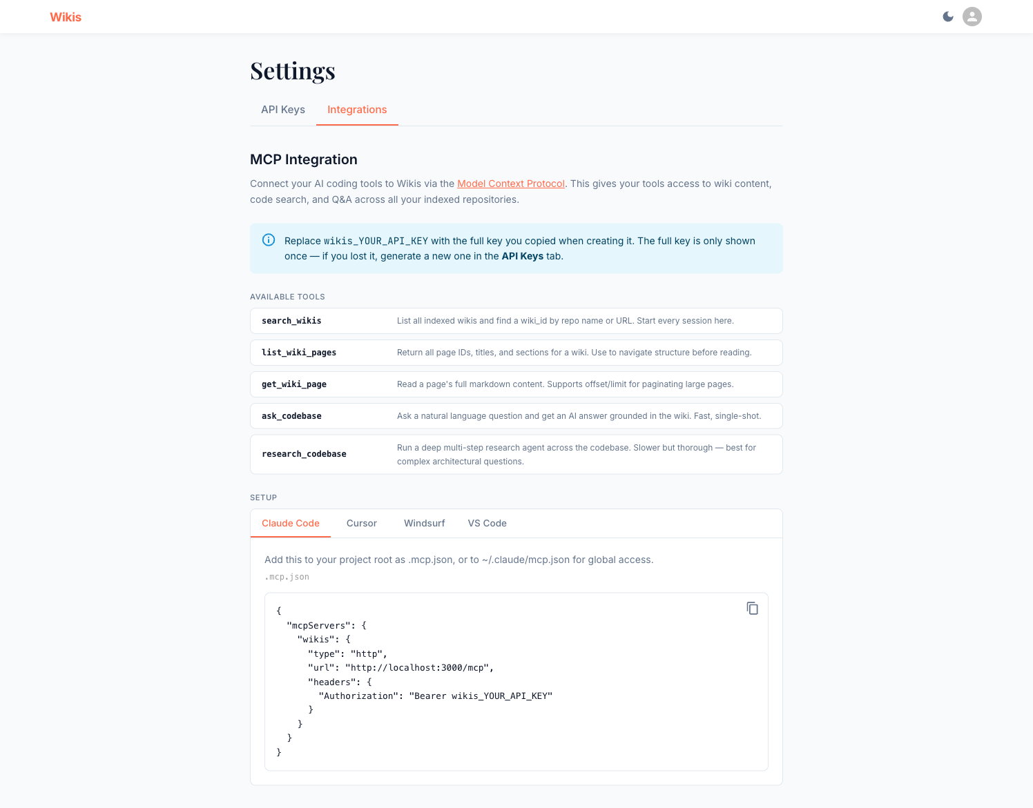 Settings → Integrations showing MCP setup tabs for Claude Code, Cursor, Windsurf, and VS Code