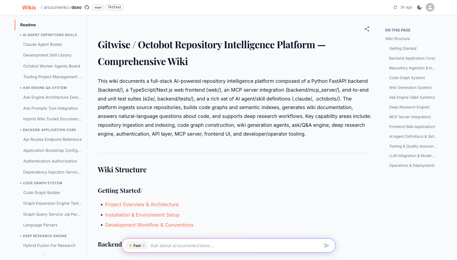 Wiki viewer with sidebar, content area, and On This Page panel